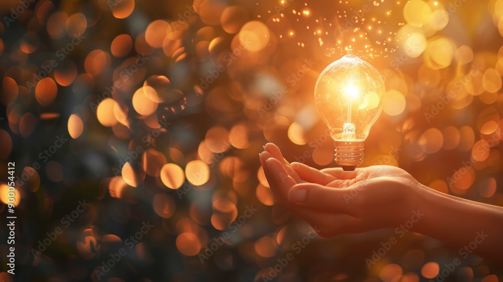 Poster hand presenting a glowing light bulb with bokeh lights. creativity and bright ideas concept.