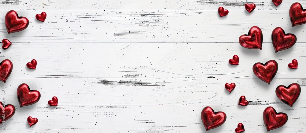 Poster a top view flat lay valentine s day frame with red hearts on a white wooden background featuring a l