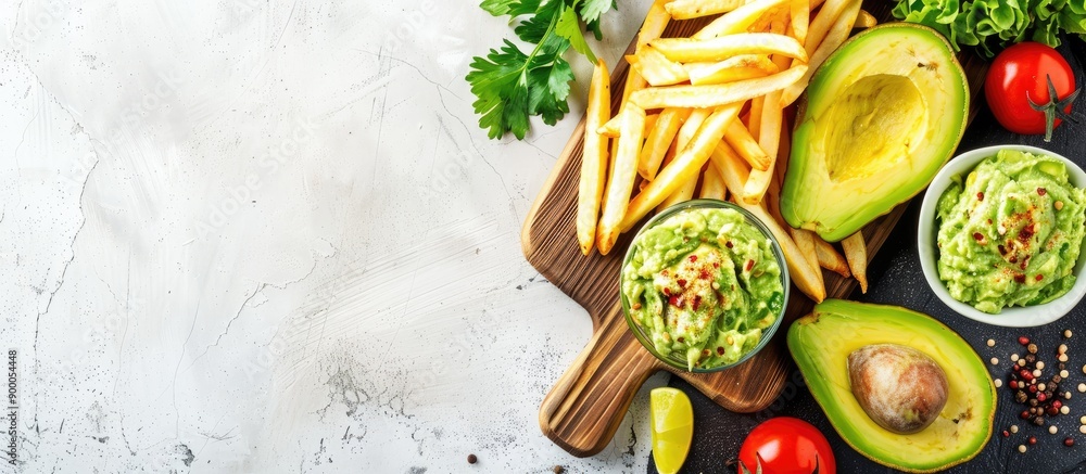 Aufkleber white wooden table set up with a serving board holding french fries guacamole dip and avocado provid
