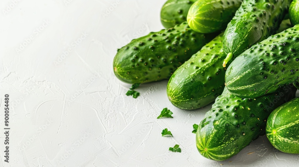 Poster fresh cucumbers on white background front view with copy space close up