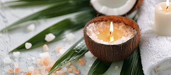 A coconut candle on a green leaf provides a tranquil setting complemented by scented sea salt and a white face towel in a copy space image