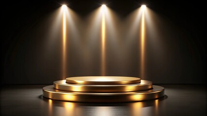 Golden podium illuminated by spotlights.