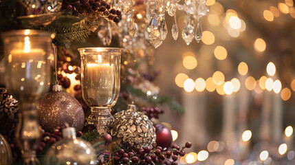 Christmas-themed decorations with an emphasis on elegant and sophisticated lighting. The image should highlight a beautifully designed decorations display.