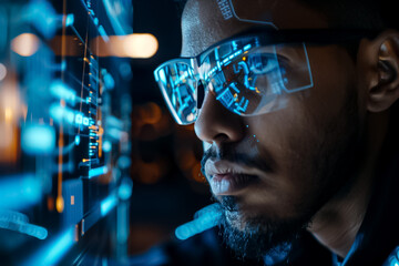 A man wearing glasses is looking at a computer screen with a blue background