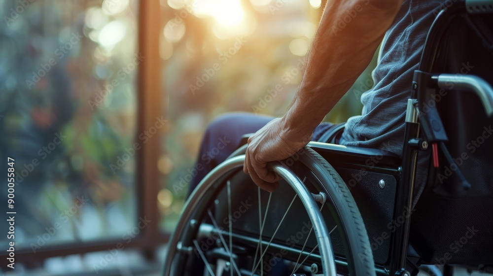 Poster close-up of a person in a wheelchair indoors with sunlight streaming through the window. comfort and