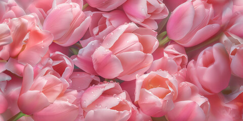 Fototapeta premium a romantic photography style seamless pattern of pink tulips. super fresh, and coverd with dewdrops, creating romantic atmosphere. 