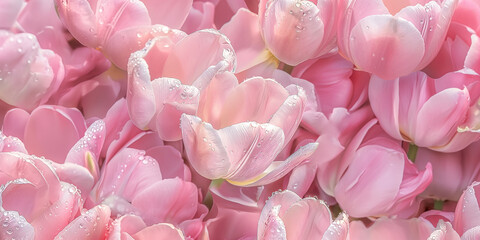 Fototapeta premium a romantic photography style seamless pattern of pink tulips. film, photography, super fresh, and covered with morning dewdrops, creating romantic atmosphere. 