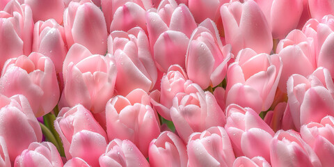 Fototapeta premium a romantic photography style seamless pattern of pink tulips. photography, super fresh, and coverd with dewdrops, creating romantic atmosphere.