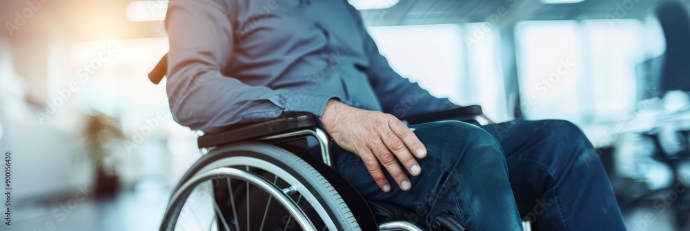 Poster close-up of a person in a wheelchair in an office with soft lighting. accessibility and professional