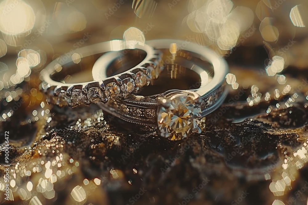 Sticker Artistic gold and silver wedding rings in a nature inspired setting with a dreamy atmosphere