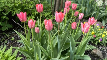 Obraz premium Budding spring tulips with green foliage