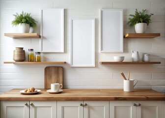 Intimate cottage kitchen features three small blank white canvases in slim wooden frames on a shelf against a clean white wall awaiting artistic inspiration.