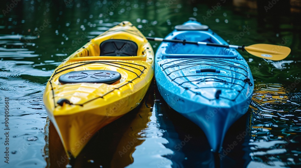 Poster Streamlined canoe and kayak on water courses with wave patterns in bright blue and green Stock Photo with copy space