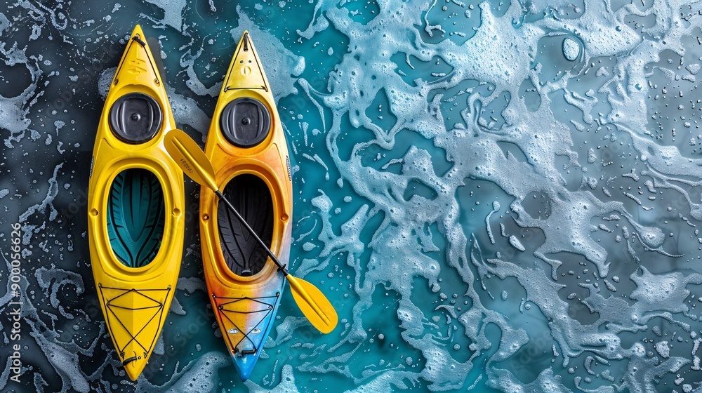 Poster Streamlined canoe and kayak on water courses with wave patterns in bright blue and green Stock Photo with copy space
