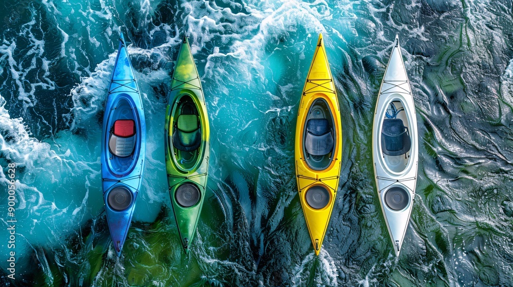 Aufkleber streamlined canoe and kayak on water courses with wave patterns in bright blue and green stock photo