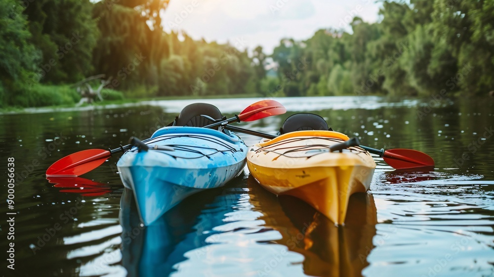 Poster Streamlined canoe and kayak on water courses with wave patterns in bright blue and green Stock Photo with copy space
