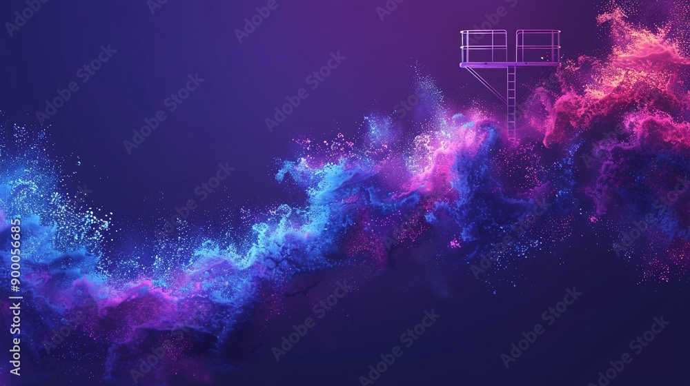 Poster detailed illustration of high diving platforms and pools with splash patterns in bright blue and pur
