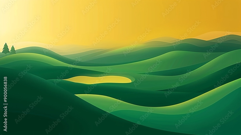 Poster clean golf course illustration with geometric fairway patterns and minimalist club shapes in vibrant
