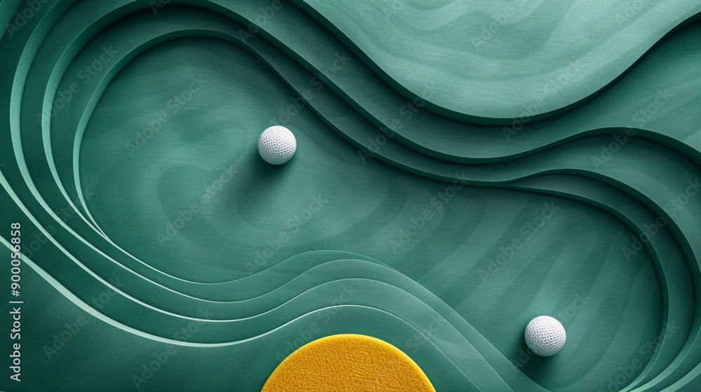Poster clean golf course illustration with geometric fairway patterns and minimalist club shapes in vibrant