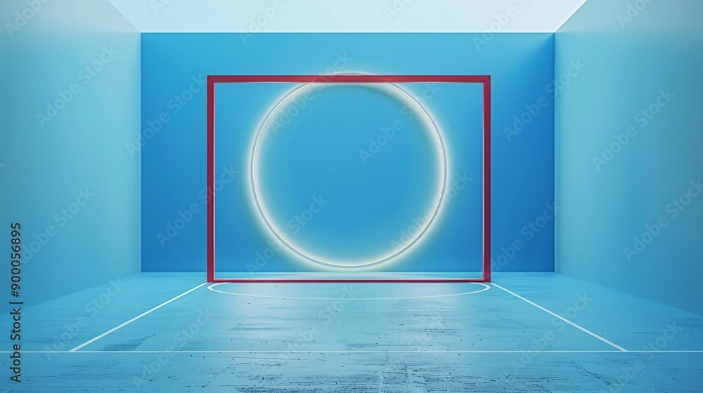 Poster minimalist handball court with clean lines and circular goal patterns in bright blue and red tones s