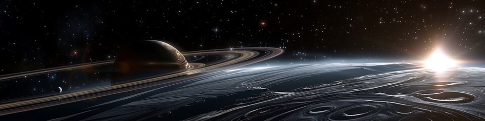 Planetary ring system casting shadows on the planeta??s surface, illuminated by starlight.