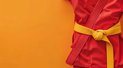 Simple karate dojo with minimalist mat designs and belt patterns in vibrant red and yellow Stock Photo with copy space