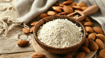 Fresh almond flour in bowl and nuts on wooden table with table cloth with copy space.