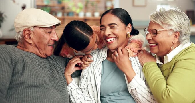 Family, child and hug on sofa at house with happiness for bonding, care and support together of childhood. Smile, people and girl laugh for funny joke with love, trust and generations in lounge