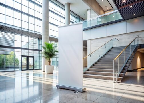 Standing white roll-up banner template in modern business lobby, adjacent to sleek staircase, awaiting custom design, creating professional commercial display environment.
