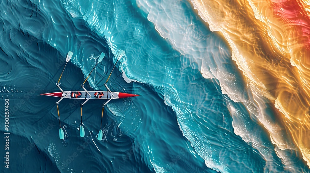 Poster streamlined rowing boats and oars with wave patterns in vibrant blue and green stock photo with copy