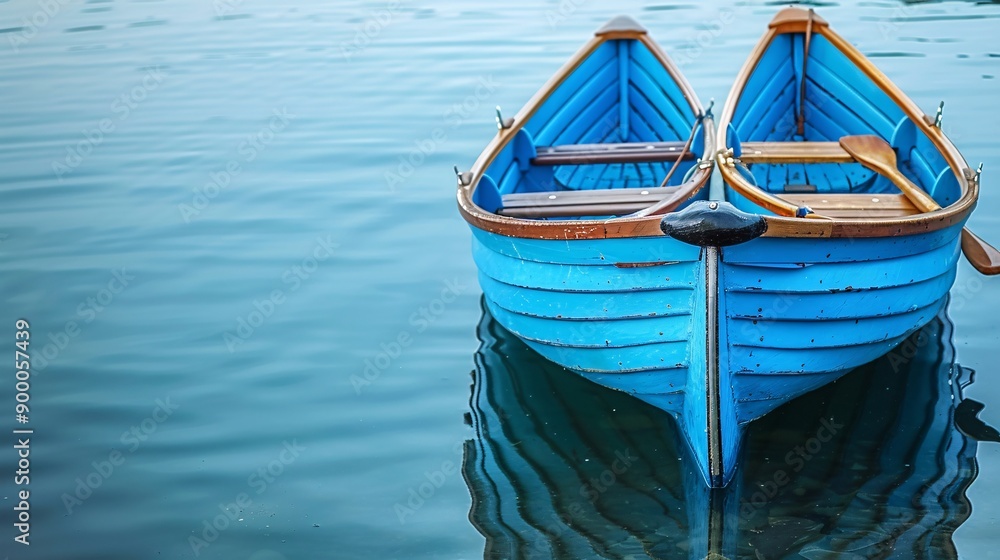 Poster Streamlined rowing boats and oars with wave patterns in vibrant blue and green Stock Photo with copy space