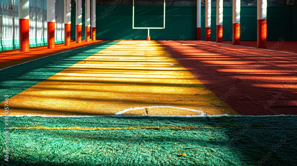 Poster clean rugby sevens field with geometric goalposts and oval ball shapes in bright red and green tones
