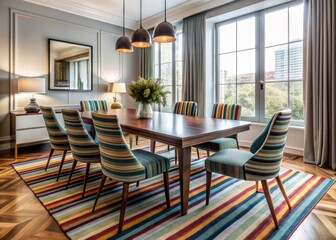 Obraz premium Modern dining room with geometric striped tablecloth, velvet chairs, and patterned rug, blending textures and colors to create a chic, contemporary, and inviting atmosphere.