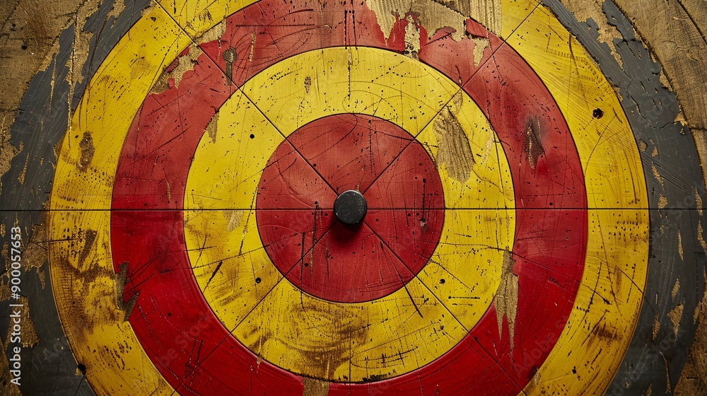 Poster Simple shooting targets and guns with circular target patterns and straight range lines in bright red and yellow Stock Photo with copy space