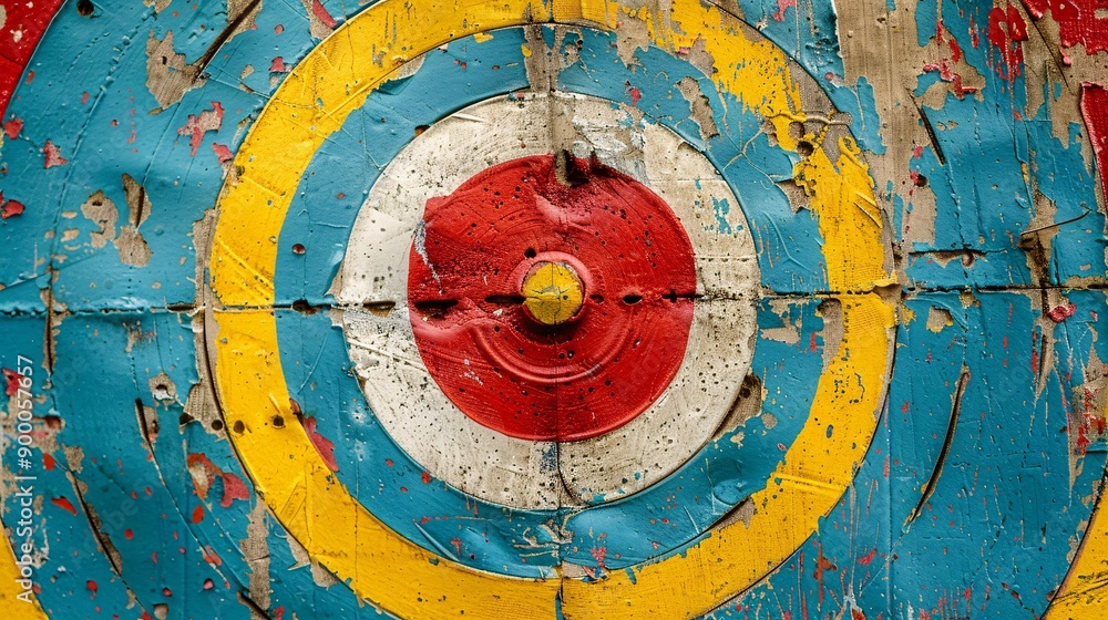 Poster Simple shooting targets and guns with circular target patterns and straight range lines in bright red and yellow Stock Photo with copy space