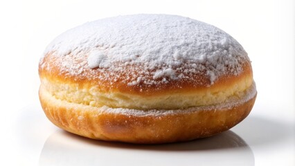 Fototapeta premium Delicious rounded beignet pastry covered in powdered sugar, isolated on transparent background, perfectly lit, and beautifully rendered through generative AI technology.