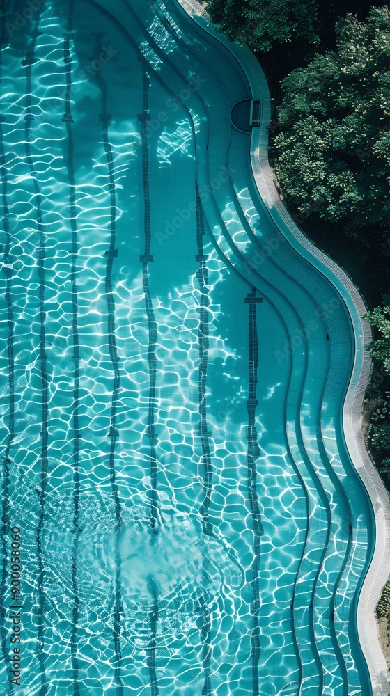 Poster abstract depiction of synchronized swimming pools with fluid, wave-like shapes in bright blue and gr