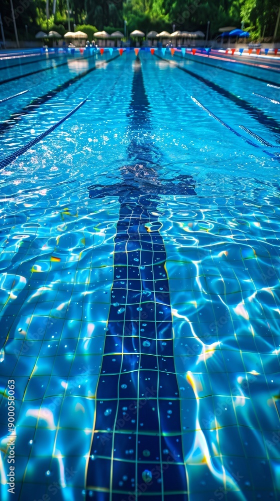 Poster abstract depiction of synchronized swimming pools with fluid, wave-like shapes in bright blue and gr