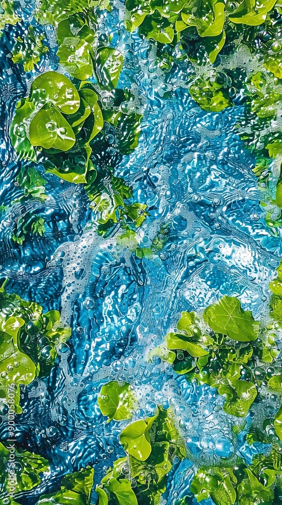 Poster abstract depiction of synchronized swimming pools with fluid, wave-like shapes in bright blue and gr
