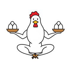 Obraz premium ヨーガのポーズで卵を持っている白い鶏のシュールなイラスト 白背景の切り抜き