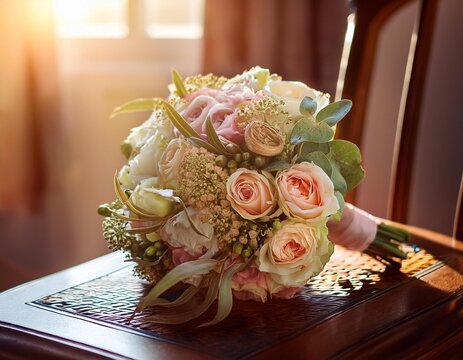 Ramo de Rosas Elegante sobre Mesa Peque&ntilde;a en Luz de Atardecer