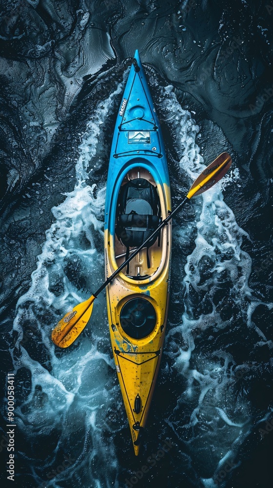 Poster streamlined canoe and kayak on water courses with wave patterns in bright blue and green stock photo