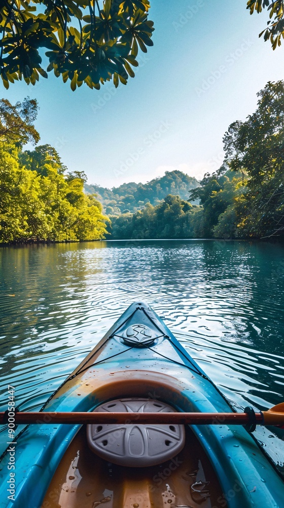 Poster streamlined canoe and kayak on water courses with wave patterns in bright blue and green stock photo