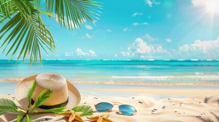 Obraz premium Tropical beach with sunbathing accessories, summer holiday background