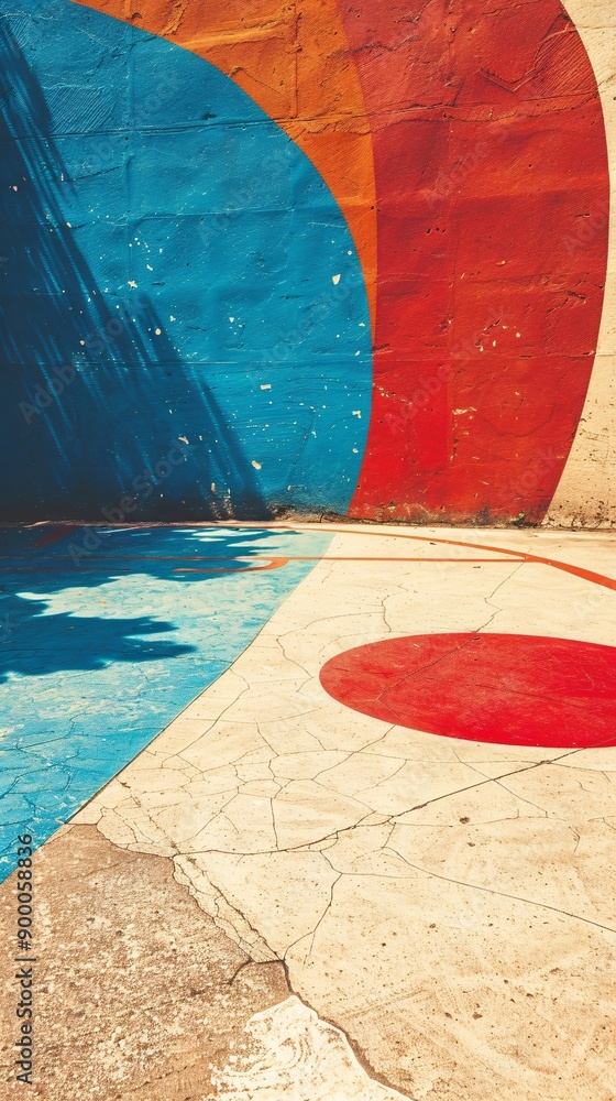 Poster minimalist handball court with clean lines and circular goal patterns in bright blue and red tones s