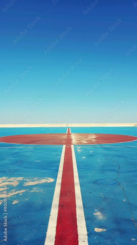 Poster minimalist handball court with clean lines and circular goal patterns in bright blue and red tones s