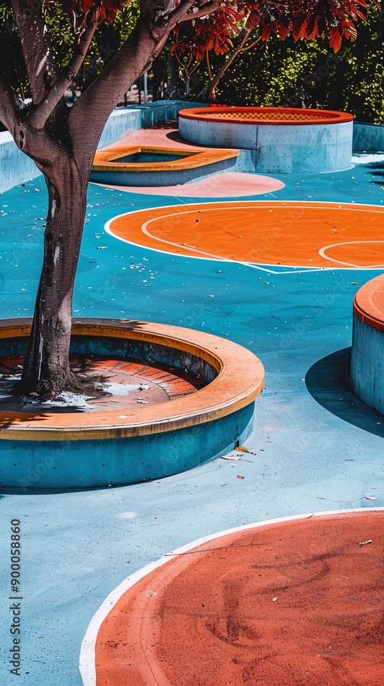 Aufkleber minimalist handball court with clean lines and circular goal patterns in bright blue and red tones s
