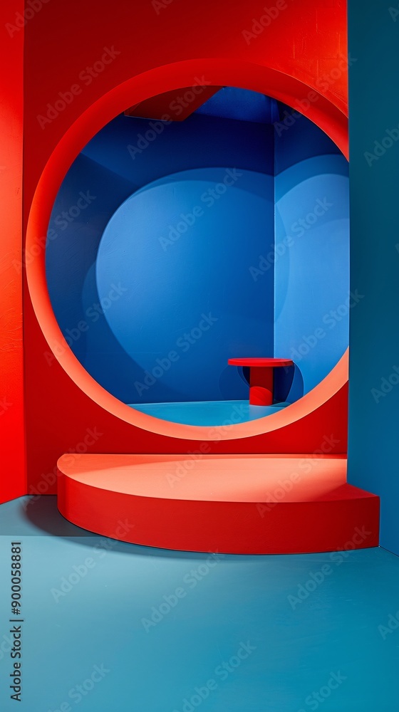 Poster minimalist handball court with clean lines and circular goal patterns in bright blue and red tones s