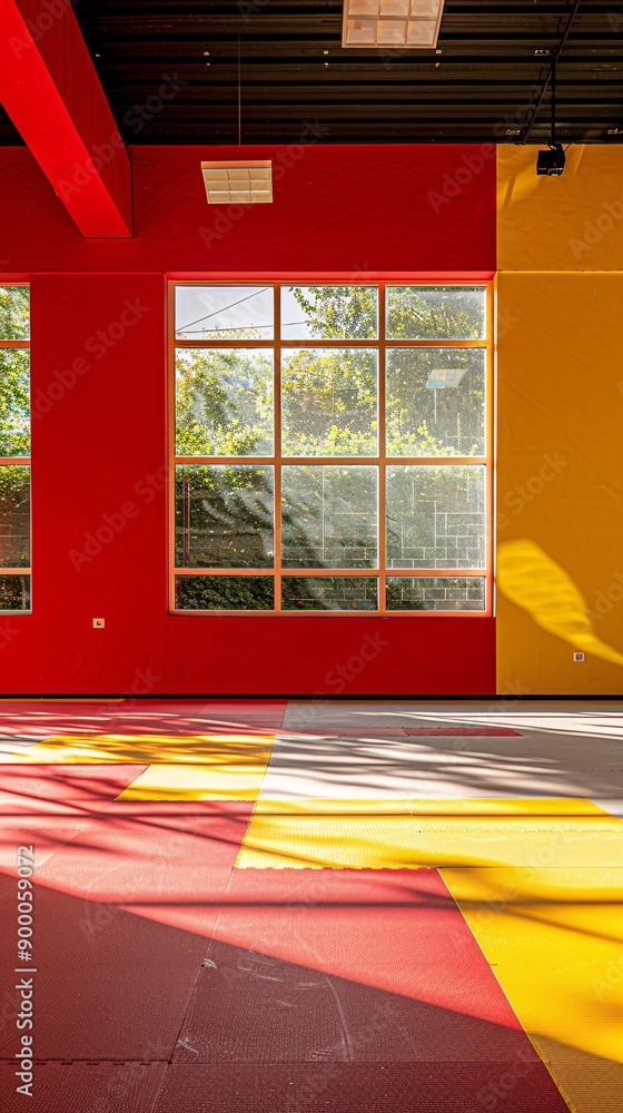 Aufkleber Simple karate dojo with minimalist mat designs and belt patterns in vibrant red and yellow Stock Photo with copy space