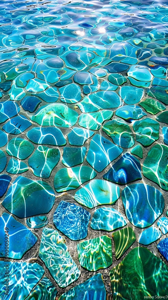 Poster Abstract marathon swimming course with wave-like patterns and streamlined swimmer shapes in bright blue and green Stock Photo with copy space